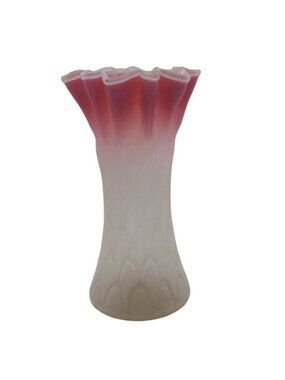 Mount Washington Pink White Satin Blown Glass Ruffled Vase Victorian Antique